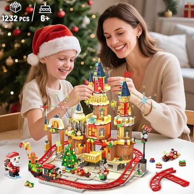 Kerstkasteel Achtbaan – Bouwset met LED-Verlichting (1232 stuks) | Kerstdorp, Kasteel & Trein | Werkende Achtbaan | Cadeau voor Volwassenen & Kinderen 2025