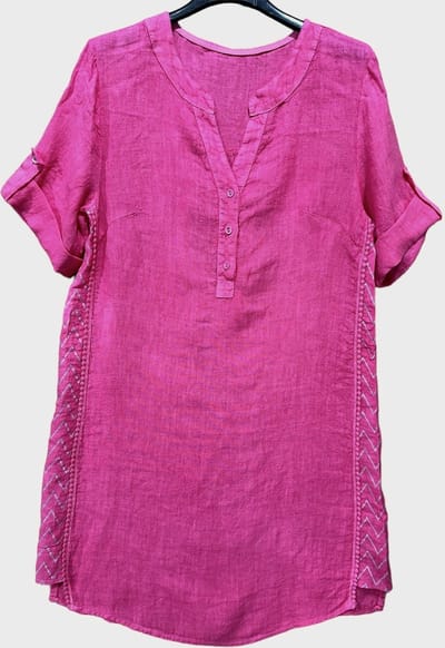 Puur linnen jurk - korte mouwen - knoppen - zijkant band - kleur ROZE - maat 44