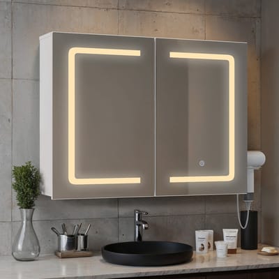 Bealife AP85 Verlicht Spiegelkasten - Op de muur bevestigde badkamerkast - Touchscreen Drie Kleuren LED Verlichting - Spiegel, Föhnhouder, 2 Verstelbare Planken 80 × 16 × 60 cm - EU Plug - Wit