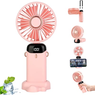 Ulisem Handventilator - Draagbare Mini Ventilator - Oplaadbaar - 5000mAh Mini Fan USB Fan - 5 Snelheden Hand Fan Batterij Kleine Ventilator, Tafelventilator met Sterke Luchtstroom (Pink)