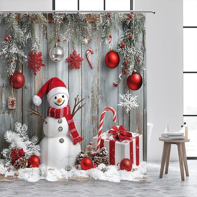 Kerst Douchegordijnen Schattige Sneeuwman Kerstboom Cadeau Raam Winterlandschap Nieuwjaar Huis Muurhanger Badkamer Decoratie Met Haken 90x180cm-35x70in