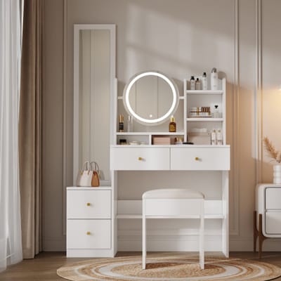 4-in-1 schoendressingtafel, make-uptafel, met passpiegel en draaibare tafelspiegel, kaptafelkruk, 3-kleuren LED-verlichting, metalen handgreep, wit, afmetingen: H164 cm × B109 cm × D36 cm