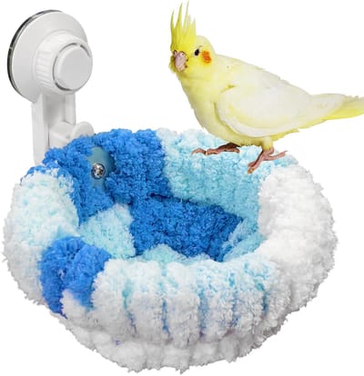 Vogelbed voor in het raam met zuignappen, warm winternest voor papegaaien (17 cm diameter, blauw)