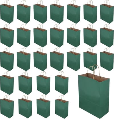 Set van 30 grote diepgroene kraftpapieren geschenkzakjes met handgrepen voor feest, Kerst en retail, 26 x 32 x 12 cm, ideaal voor cadeaus en verpakking