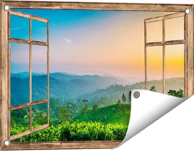 Gards Tuinposter Doorkijk Zonsondergang op een Thee Plantage - 60x40 cm - Tuindoek - Tuindecoratie - Wanddecoratie buiten - Tuinschilderij