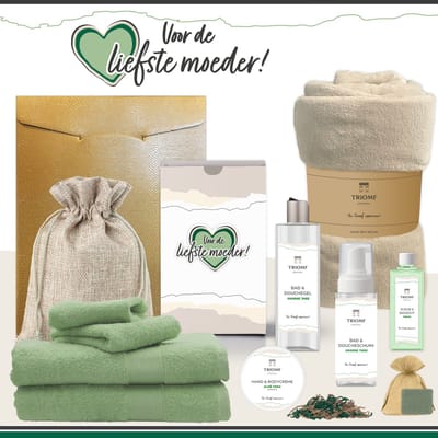 Geschenkset “Voor de liefste moeder!” - 11 producten - 1660 gram | Triomf Original - Giftset voor haar Cadeau Moederdag Luxe Wellness Pakket Vrouw Speciaal Cadeaupakket Geschenk Lieve Mama Verjaardag Kerst Kerstpakket Gift Set Mama Crème Groen