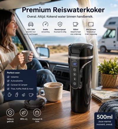 Premium Reiswaterkoker Elektrische Auto Waterkoker met Slim Scherm – 500ml | 12V/24V | Snelle Verwarming | Roestvrijstaal – Kleur: Zwart, Vakantie, Reizen, Autovakantie, Caravan, kokend water, Melk, Thee, Koffie
