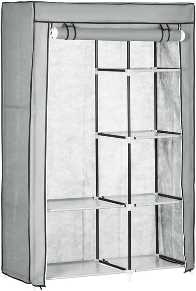 Merax Opvouwbare Stoffenkast Grijs 103x43x162 cm Met Hanggedeelte En 6 Planken – Textiel Kledingkast Voor Slaapkamer Zolder Of Wasruimte