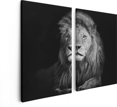 Artaza Canvas Schilderij Tweeluik Leeuw - Leeuwenkop - Zwart Wit - 80x60 - Foto Op Canvas - Canvas Print