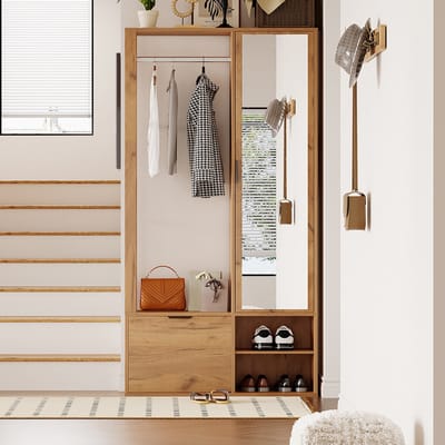 Pugsdrly Kledingkasten 100*33*190 cm met vestibule, 6-in-1 halmeubel, voor het ophangen van jassen, vestibulekast met droogrek, kledingkast en spiegel, breedte 100 cm, kast met onderdeur, houtkleur