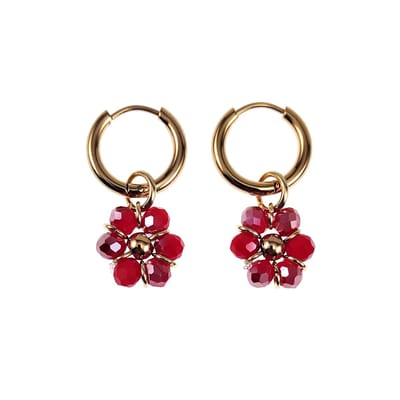 ∅14mm x 2mm Oorringen Dames - Verguld RVS - Rode Gefacetteerde Kristallen Bloem Hanger - Bungelende Oorbellen