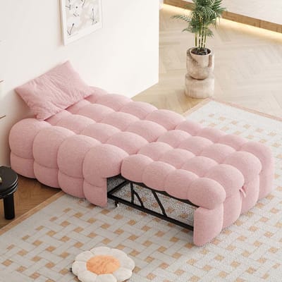 Komhtom Gestoffeerd bed, poef 2-in-1, uitschuifbare slaapbank, eenpersoonsbed, zacht bed, teddystof, roze