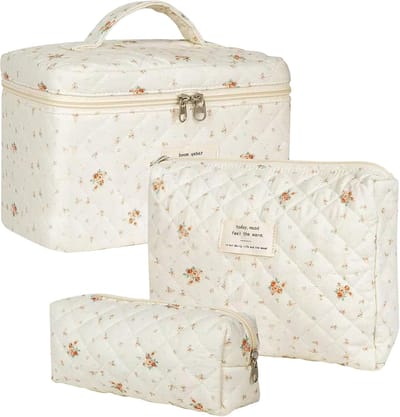 Set van 3 Make-uptassen - Toilettassen Met Handvat - Draagbare Cosmetica Tas Met Bloemenpatroon