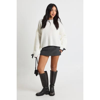 boohoo Dames Gebreide trui met strikmanchetdetail | Creme | Maat: Large