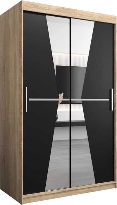 InspireMe - Kledingkast met 2 schuifdeuren, Modern-stijl, Een kledingkast met planken en een spiegel (BxHxD): 120x200x62 - TOTO 120 Sonoma Eik + Zwart Mat met 2 lades