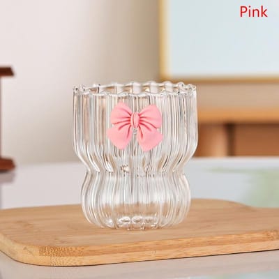 Roze strik glas schattige waterbeker Cartoon strik glazen beker gestreepte schattige doodle koffiemok huishoudelijk fruit thee limonade meisjes cadeau 301-400ml