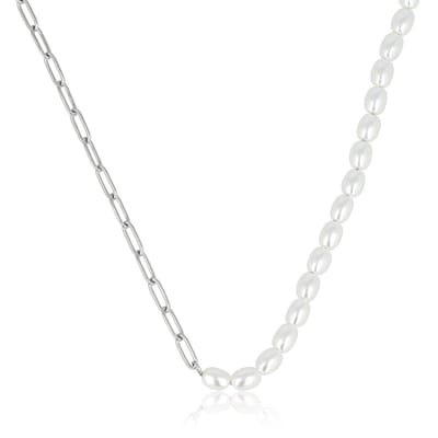 My Bendel - Zilverkleurige Schakelketting met Ovale Witte Parels - met Luxe Cadeauverpakking | Sieraden Voor Dames