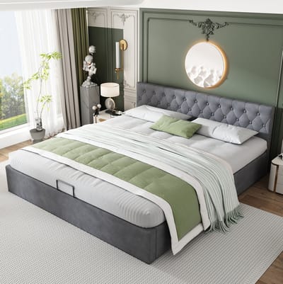 MEUNIQ tweepersoons bed 180x200 cm met hydraulische opbergruimte, lattenbodem, geknoopt hoofdbord, grijze fluwelen stof, bedframe voor slaapkamer