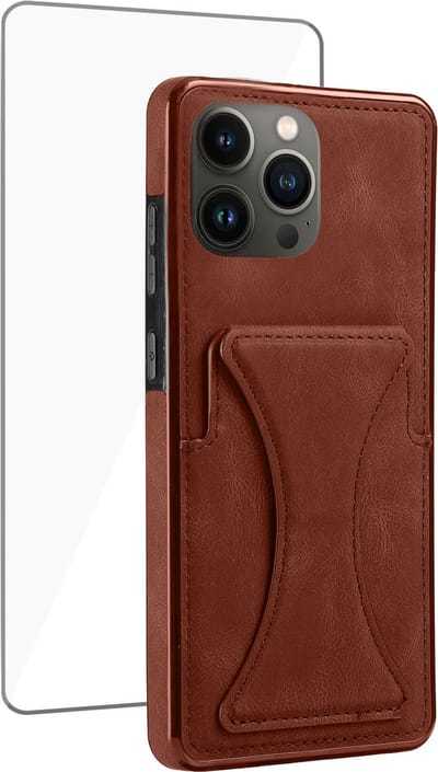 Geschikt voor iPhone 13 Pro Pasjes Houder Hoesje + Screenprotector – Gehard Glas Cover - Portemonnee Hoesje met Kickstand - Magnetisch - Bruin
