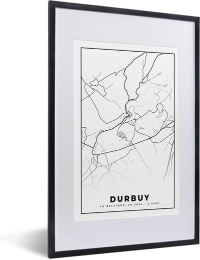 Fotolijst incl. Poster Zwart Wit- Zwart Wit – België – Plattegrond – Stadskaart – Kaart – Durbuy - 40x60 cm - Posterlijst