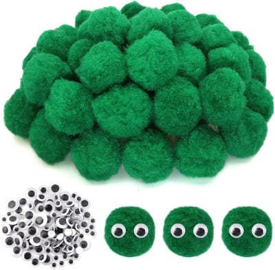 50 Stuks Fluffy Pompoms Ballen van 40mm in Groen met 100 Stuks Woe Eyes voor Creatieve DIY Decoraties