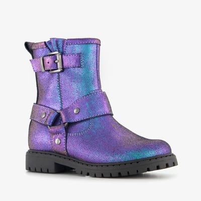 Stap leren meisjes biker boots met glitters paars - Maat 22