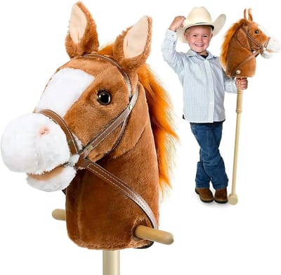 Stokpaard met wielen - Pluche paard - Spelen en bewegen - Galopperend geluid - 91 cm lang - Bruin