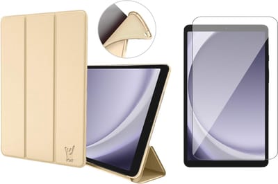 Hoes en Screenprotector geschikt voor Samsung Galaxy Tab A9 Plus / Tab A11 Plus – Smart Cover met Tri-Fold Stand – Schokbestendig – Auto Wake/Sleep – TPU Backcase – Goud