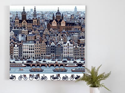 Pixel art amsterdam schilderij | Prisma van de Dam: Amsterdamse straatbeeld in pixelkunst verbeeld | Kunst - 60x60 centimeter op Canvas | Foto op Canvas