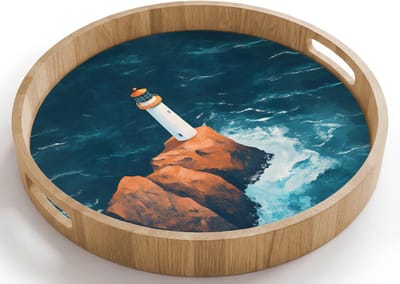 Dienblad rond 40x40 cm - Schootdienblad hout - Vuurtoren - Rots - Zee - Golven - Borrelplank rechthoek - Plateau houten dienbladen