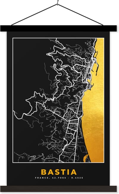 Posterhanger incl. Poster 40x60 cm - Schoolplaat - Bastia - Plattegrond - Frankrijk - Kaart - Stadskaart - Textielposter - Zwarte latten - Stadskaart
