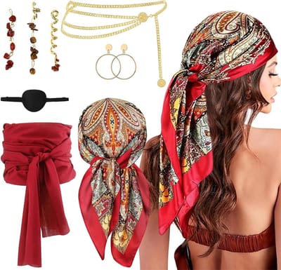 Piratenkostuum voor Dames met Hoofddoek, Sjerp en Tailleketting voor Carnaval en Halloween