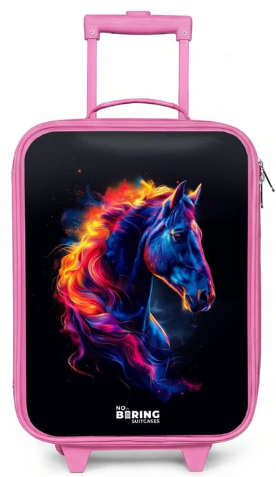 NoBoringSuitcases.com® - Kinderkoffer roze - Kindertrolley meisje - Zijaanzicht van een paard met vurige manen - Koffer kind lichtgewicht - Reiskoffer trolley voor kinderen - Koffertje met lichtgevende wieltjes - Rolkoffer