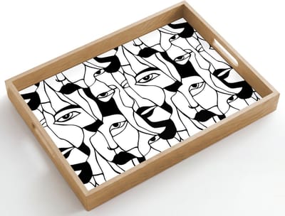 Dienblad hout 50x35 cm - Schootdienblad - Lijnen - Gezichten - Zwart - Wit - Borrelplank rechthoek - Plateau dienbladen