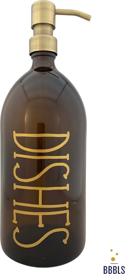 BBBLS® Design Dispenser "Dishes" | Bruin Glas | 1 liter | RVS / Metaal Pomp Goud | Zeeppomp | Zeepdispenser | Zeephouder