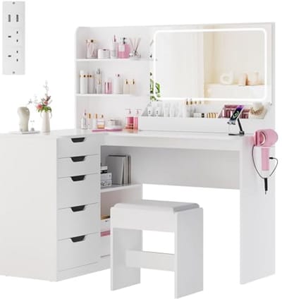 Ruime Dressing Table met Spiegel en LED Verlichting - Hoek Makeup Tafel met 5 Lades
