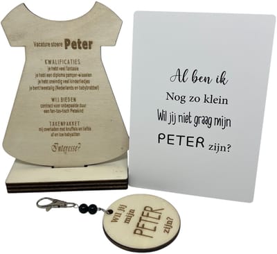 Geschenkdoosje Wil jij mijn PETER zijn? | zwart | KLEEDJE | sleutelhanger | peter vragen | meter worden | peetoom vragen | peetoom worden | cadeau | doosje met een vraag