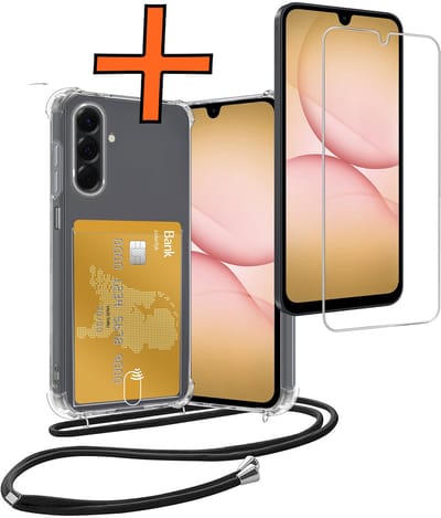 Hoesje Geschikt voor Samsung A17 Hoesje Met Telefoonketting Pasjeshouder Shockproof Case Met Screenprotector Koord - Hoesje Geschikt voor Samsung Galaxy A17 Hoes Met Kaarthouder - Transparant