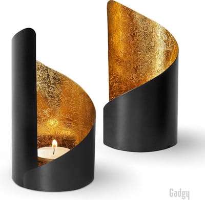 Gadgy Waxinelichthouder Twist - Theelichthouders Set van 2 - Decoratie Woonkamer - Sfeerverlichting Binnen - Kaarsenhouders voor Waxinelichten 16 x Ø 8.5 CM - Windlicht Metaal - Zwart / Goud - Cadeau voor Vrouw