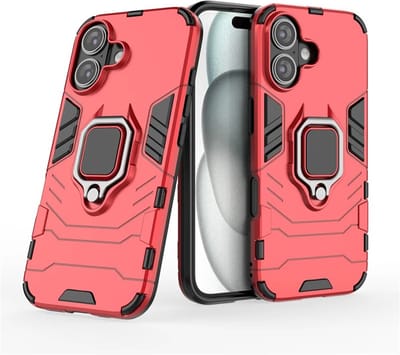 MobyDefend Hoesje - Geschikt voor iPhone 16 - Dubbelgelaagde Pantsercase Met Standaard - Rood