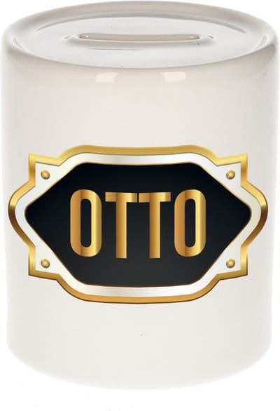 Spaarpot met voornaam Otto - wit - met goud/zwart embleem - 8 x 9 cm - keramiek - met afsluitdop - cadeau verjaardag