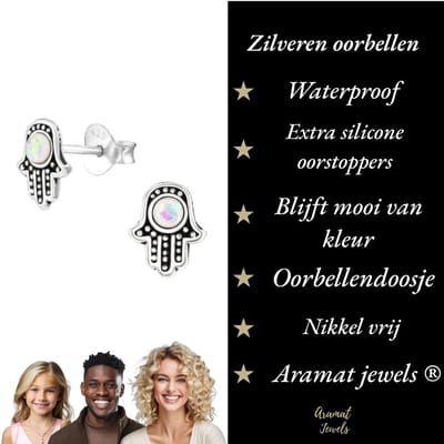 Aramat Jewels | Oorbellen | Zilveren Hamsa Hand Oorbellen | Opaal Wit | |6mm | Zilver | Kinderen, Volwassenen | Verkleurd niet