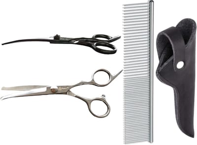 Professionele Hondenschaar – Ergonomisch Krom – Rechtshandige Trimschaar – Voor Vacht- & Pootverzorging – RVS met Luxe Lederen Etui – 16,5 cm – Zwart + Anti-Klit Kam – Pijnloos & Huisdiervriendelijk