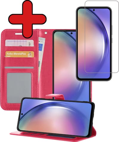 Hoesje - Met Screenprotector - Geschikt voor Samsung Galaxy A54 - Luxe Pasjeshouder - Flipcase - Bookcase Portemonee - Flip Case - Kunstleer Book Case - Book Cover - Walletcase - Portemonneehoes - Telefoonhoes - Donkerroze