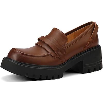 Nouvelles chaussures tendance en cuir véritable pour femmes, mocassins décontractés à enfiler, chaussures confortables à plateforme souple, chaussures à talons carrés pour femmes 39 marron