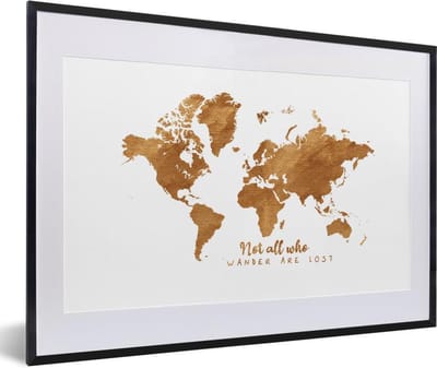 Poster in lijst - Fotolijst 60x40 cm - Posters - Wereldkaart - Brons - Touw - Posterlijst zwart - Decoratie - Wanddecoratie woonkamer - Muurdecoratie slaapkamer