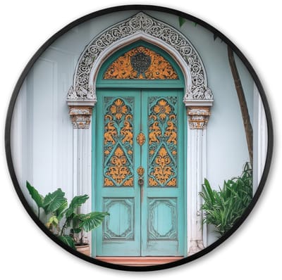 Poster in lijst Rond - Fotolijst 60x60 cm - Posters - Deur - Patronen - Planten - Ronde posterlijst zwart - Decoratie - Wanddecoratie woonkamer - Muurdecoratie slaapkamer