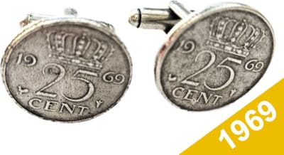 Manchetknopen Kwartje 1969 Verzilverd - Uniek en Stijlvol Sieraad met Jaartal - Cadeau Geboortejaar - Alle Jaartallen Beschikbaar - Doorsnede 1,8 cm