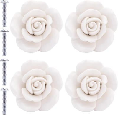 Set van 4 Keramische Ladeknoppen met Bloemmotief voor Meubels, Keukenkasten en Deuren - Wit Porselein