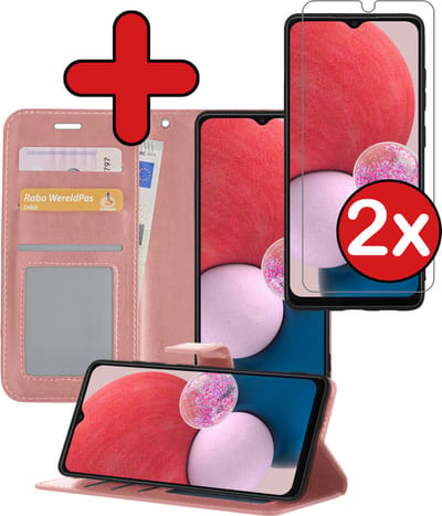 Hoesje - Met 2x Screenprotector - Geschikt voor Samsung Galaxy A13 4G - Luxe Pasjeshouder - Flip Case - Bookcase Portemonee - Kunstleer Book Case - Flipcase Hoes - Book Cover - Walletcase - Portemonneehoes - Telefoonhoes - Rosé goud